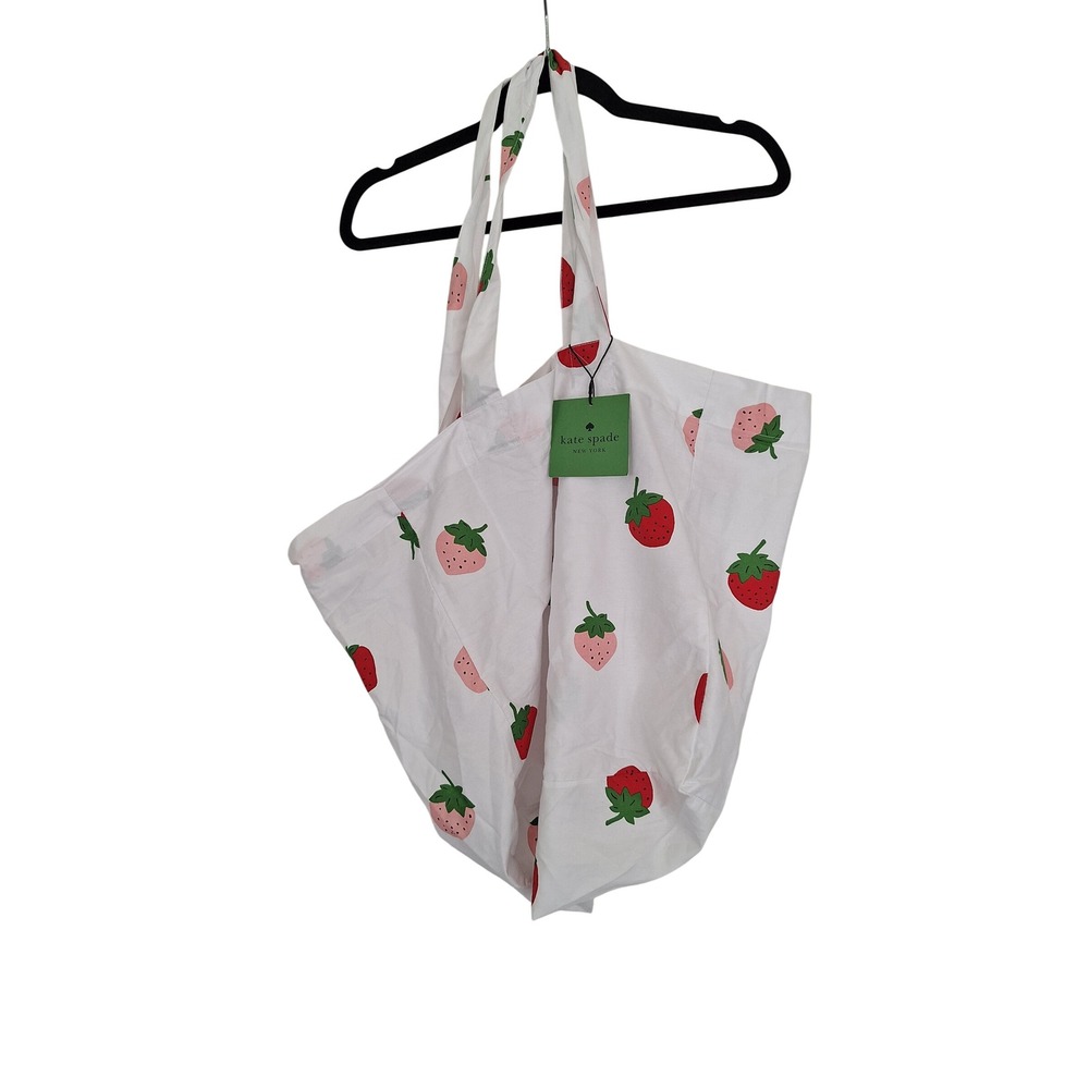 Kate Spade New York Strawberry Print Cotton Reusable Tote Bag White Red Pink